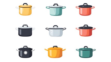 Digital illustration of nine stylized pots with various colored lids, presented in a grid layout.