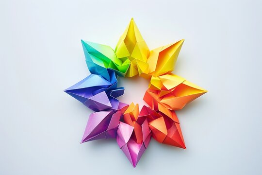 Colorful origami star formation created from paper in a vibrant rainbow spectrum, perfect for crafting enthusiasts