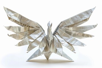Intricate silver origami bird with outstretched wings crafted from metallic paper on a white background