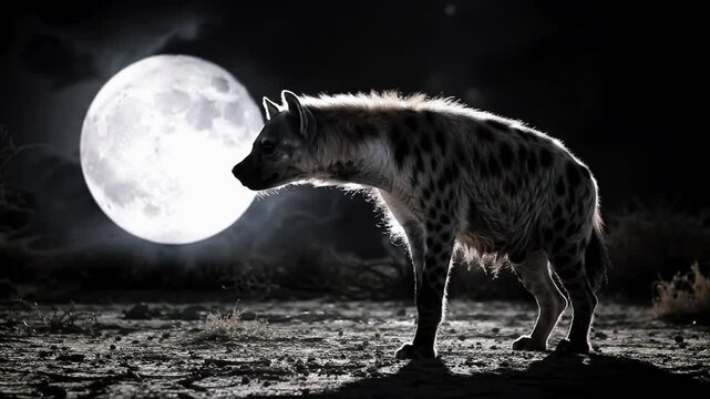 A lone hyena under a full moon in a sparse savanna, eerie mood