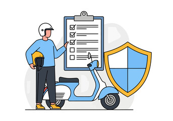A conceptual illustration of motorcycle insurance featuring a rider standing by a scooter with a large policy checklist and a protective shield. © Skyframe