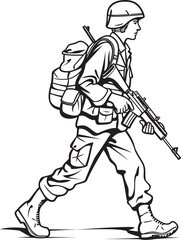Vector Black Icon of Soldier Walking with Weapon Soldier Marching with Rifle Vector Black Logo Icon