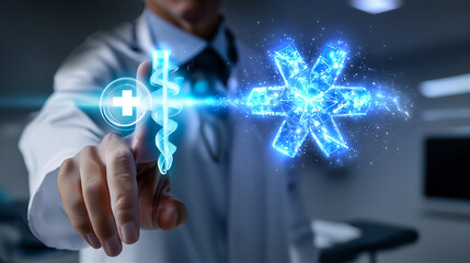 Doctor Touching Neon Healthcare Icon – Futuristic Medical Technology Illustration. Modern diagnostics, virtual healthcare, telemedicine, futuristic medical services, and AI-powered solutions concept	
