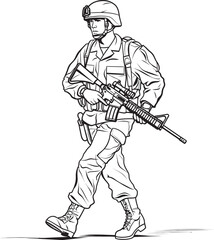 Black Silhouette Logo of Soldier Marching with Weapon Vector Icon of Soldier Walking with Rifle in Black