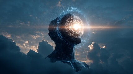human silhouette with glowing third eye projecting digital symbols into the sky, combining spiritual insight and technological awareness 