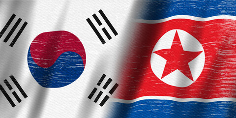 Distressed North Korea flag and South Korea flag background