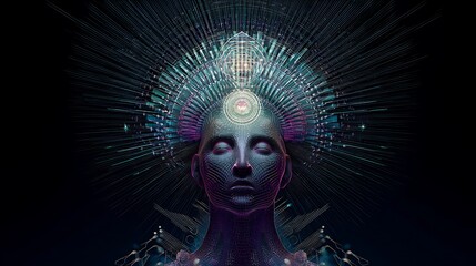 a mystic seer with neon geometric data patterns orbiting around their head, spiritual and digital awareness merging, sci-fi enlightenment art 