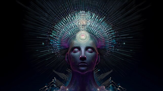 a mystic seer with neon geometric data patterns orbiting around their head, spiritual and digital awareness merging, sci-fi enlightenment art 