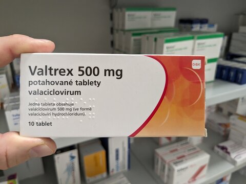 Prague,Czech Republic-May 6 2025: Valtrex tablets with valaciclovir produced by GSK for herpes virus treatment