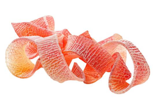 Colorful textured ribbon resembling skin rolls on a white background during a creative design project