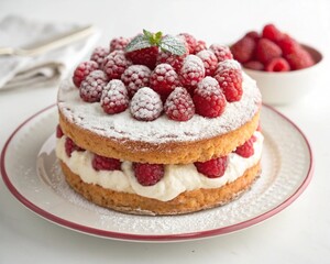 Raspberry cake on a plate.