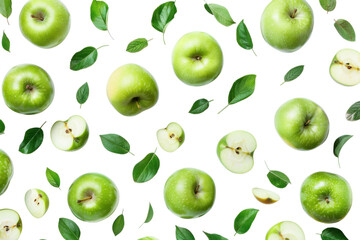 Fresh green apples and leaves arranged on a clean white background for a vibrant seasonal display