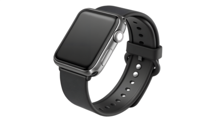 wrist smart watch mockup with black strap, png file of isolated cutout object with shadow on transparent background.