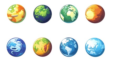 Digital illustration of nine stylized, cartoon planets in varying shades of blue, green, and orange.