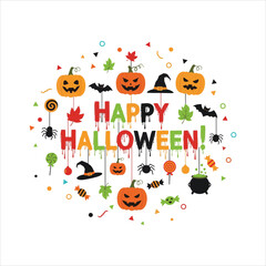 Fototapeta premium Festive Happy Halloween Celebration With Spooky Pumpkins Bats And Candy Elements