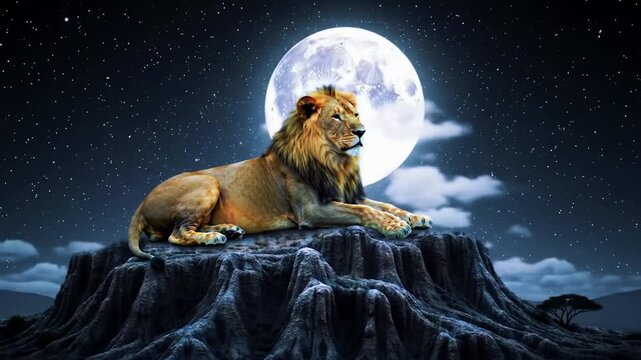 A lone lion resting on a rocky kopje under a full moon with starry night sky, photorealistic, cool moonlight ambiance