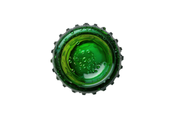 Close-up view of a green glass bottle cap with bubbles and condensation