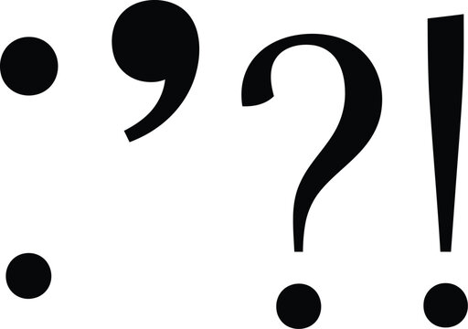 Black and White Silhouette Illustration of Five Punctuation Marks Arranged in Sequence — Colon, Comma, Question Mark, Exclamation Mark, and Period Depicted in Bold Minimalist Style Representing 