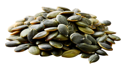 Heap of pumpkin seeds, top view, isolated on white