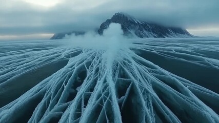 Frozen Lake Ice Cracks with Steam, Mountain Landscape, Winter Scene