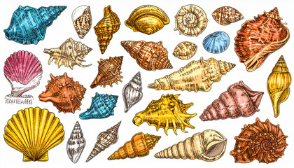 Sea shells set. Ocean exotic underwater seashells collection stickers. Hand drawn vector illustration isolated on white background.spiral, starfish, underwater, illustration, animal, Generative Ai