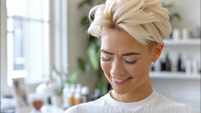 Hairdresser showing pixie haircut from behind, inside a luminous hair salon with shelves full of hair products
