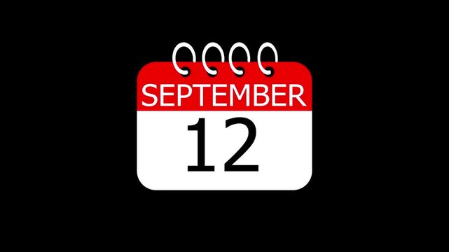 day date 12 September concept template calendar page animation concept. Calendar with the date September 12 on a black background. September 12 - Daily Calendar Icon in flat design style.