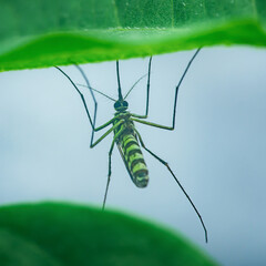 Mosquito hanging upside down under green leaf