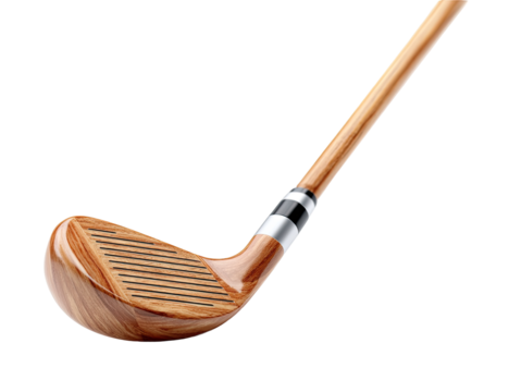 Close-up of a wooden golf club head and shaft. The club head is a light brown wood with grooved lines. The shaft is a rich light brown wood. The club is angled, showing the connection point - Powered by Adobe