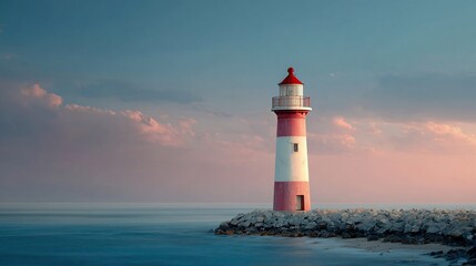 Obraz premium Serene coastal lighthouse at sunset, standing tall on rocks against a pastel sky, tranquil ocean waves