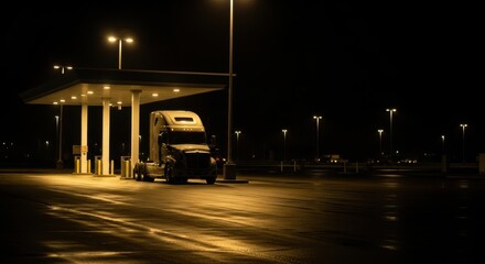 Lonely truck at nighttime fuel station: solitude and silent roads await