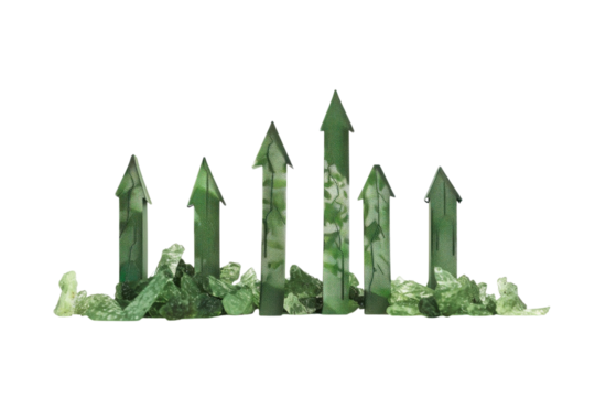 Green arrow shaped objects and natural stones create a striking visual display of growth and prosperity