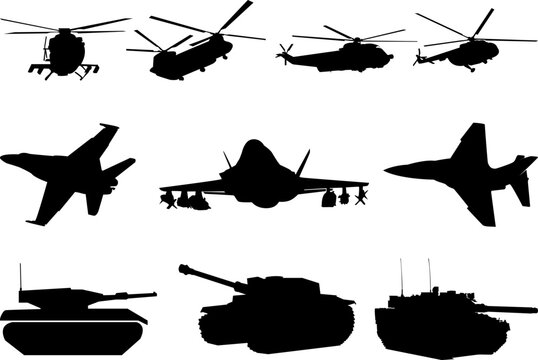 Vector illustration of black jet fighters on the white background.Military vector illustrations of aircraft