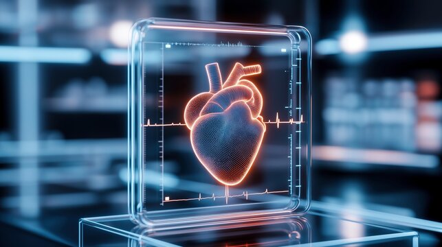 Holographic heart on transparent digital display image closeup. Glowing cardiac organ with pulse graph close-up photography. Advanced medicine. Cardiology tech concept photo realistic