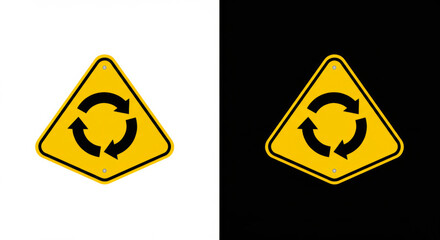 Roundabout Ahead – Circular Traffic Flow Signs on Yellow and Black Backgrounds
Tags:
roundabout, circular traffic, traffic sign, yellow triangle, black triangle, circular arrows, road safety, editable
