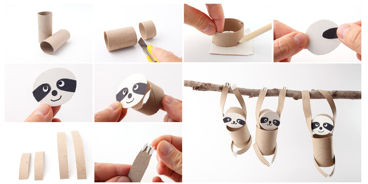 Step-by-step kids tutorial with recycled cardboard sloth craft, ideal for schools, teachers, educational kits, classroom activities, visual instructions, creative learning content, - Powered by Adobe