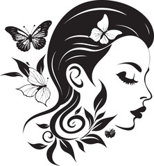 Woman Face in Floral Vector Black Logo Design Black Vector Icon of Woman Face with Flower Elements