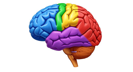 Human brain anatomy diagram with lobes colored for educational medical science illustration and study guide