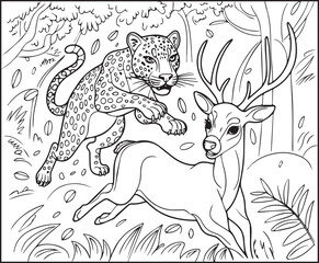 Hungry leopard attacking a deer for eating in jungle natural background black line art vector illustration for children coloring page or book design
