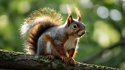 Fototapeta premium squirrel in the park, Squirrel sitting on a tree branch with soft background of green park, subtle morning light and blurred foliage