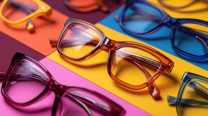 Assorted colorful eyewear frames, angled against a multi-colored striped background, close-up perspective