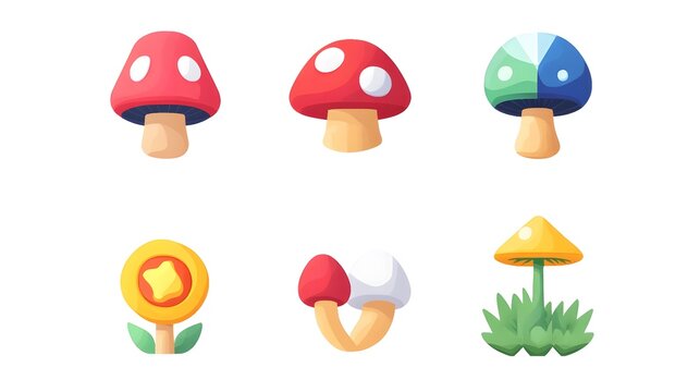 Digital illustration of Super Mario mushrooms in a playful, flat design style with vibrant colors.
