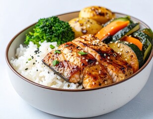 Grilled salmon bowl with vegetables and rice, a delicious and healthy meal option.