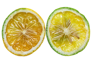 Freshly sliced yellow and green lemons display vibrant colors and textures in natural lighting