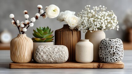 Obraz premium a bunch of white flowers in vases on a wooden tray