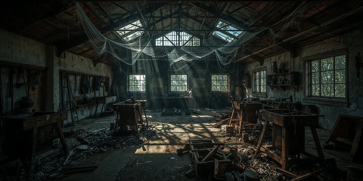 Interior view of an abandoned workshop with light streaming through the windows and roof openings - Powered by Adobe