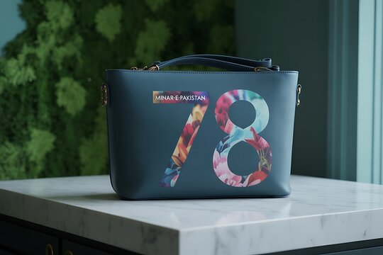 Chic teal handbag showcases vibrant floral '78' design with 'Minar-e-Pakistan' text, perfect for stylish modern fashion statements