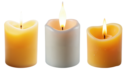 Burning Candles Set on Transparent Background – Yellow and White Wax Candles with Flames for Holiday Decorations, Cozy Home Atmosphere, and Relaxation Designs
