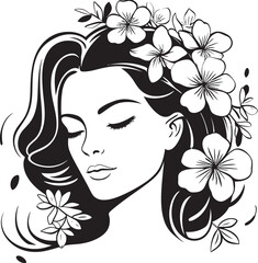 Woman’s Face Encircled by Flower Ornaments Vector Black Art Feminine Silhouette with Blooming Petals Black Vector Design