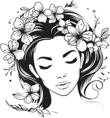 Botanical Adorned Feminine Face Black Vector Logo Woman’s Face Surrounded by Artistic Petals Vector Black Design